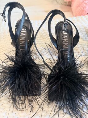 Gianni Bini Black Feathered Open-Toe Slingback Heels